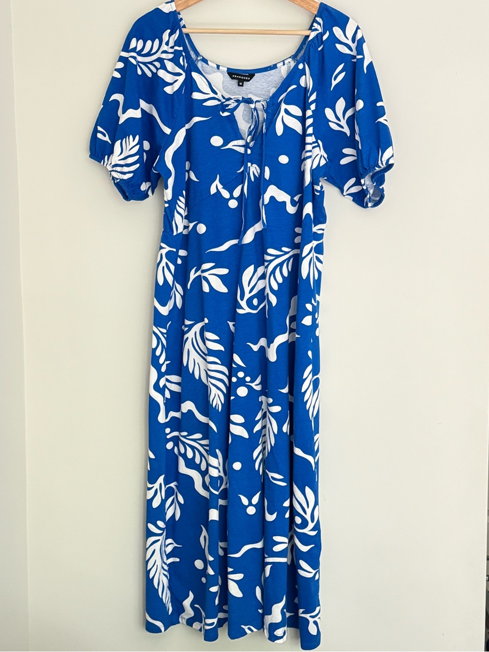 Blue & White Floral Maxi Dress with Tie Neck